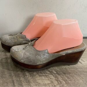 Women's SALPY Metallic GOLD Suede RITA Wooden PLATFORM Clogs MULES Shoes 8